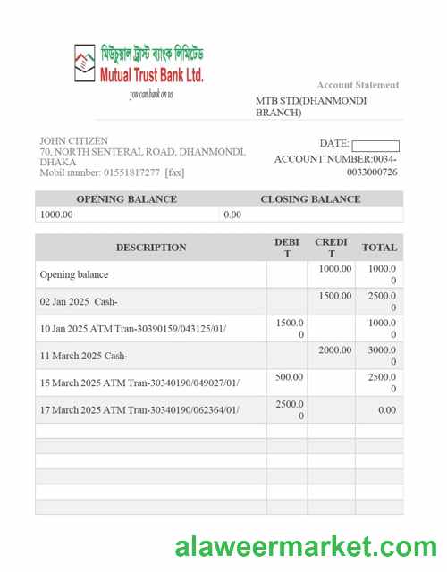 Bangladesh Mutual Trust Bank account statement Word and PDF template